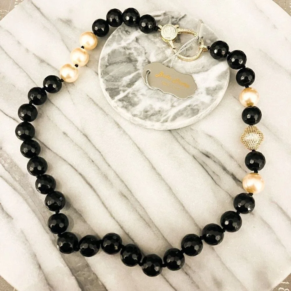 Bella Pietra Black Onyx Beaded Necklace | Pearl Accent‎ Crystal Clasp | NWT
